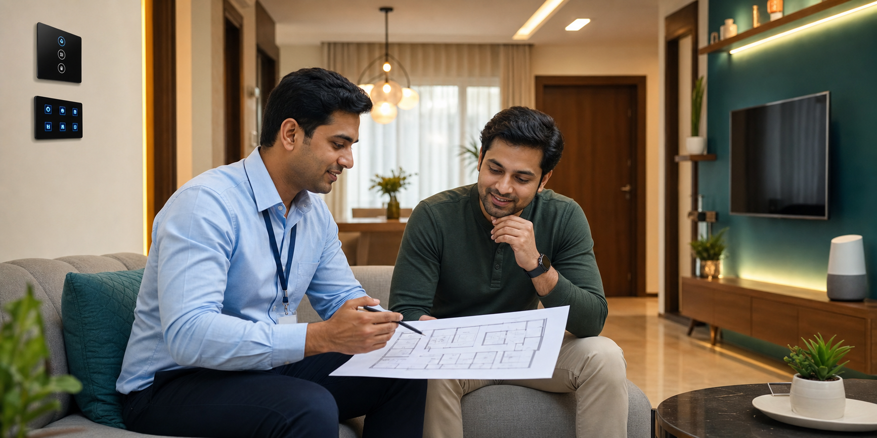 Smart home consultant reviewing automation plan with homeowner